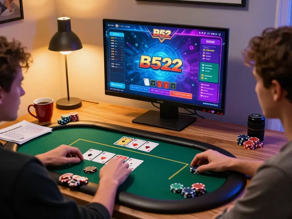 Người chơi câu lạc bộ B52 đắm chìm trong một trò chơi poker trực tuyến, thể hiện chiến lược và sự phấn khích.