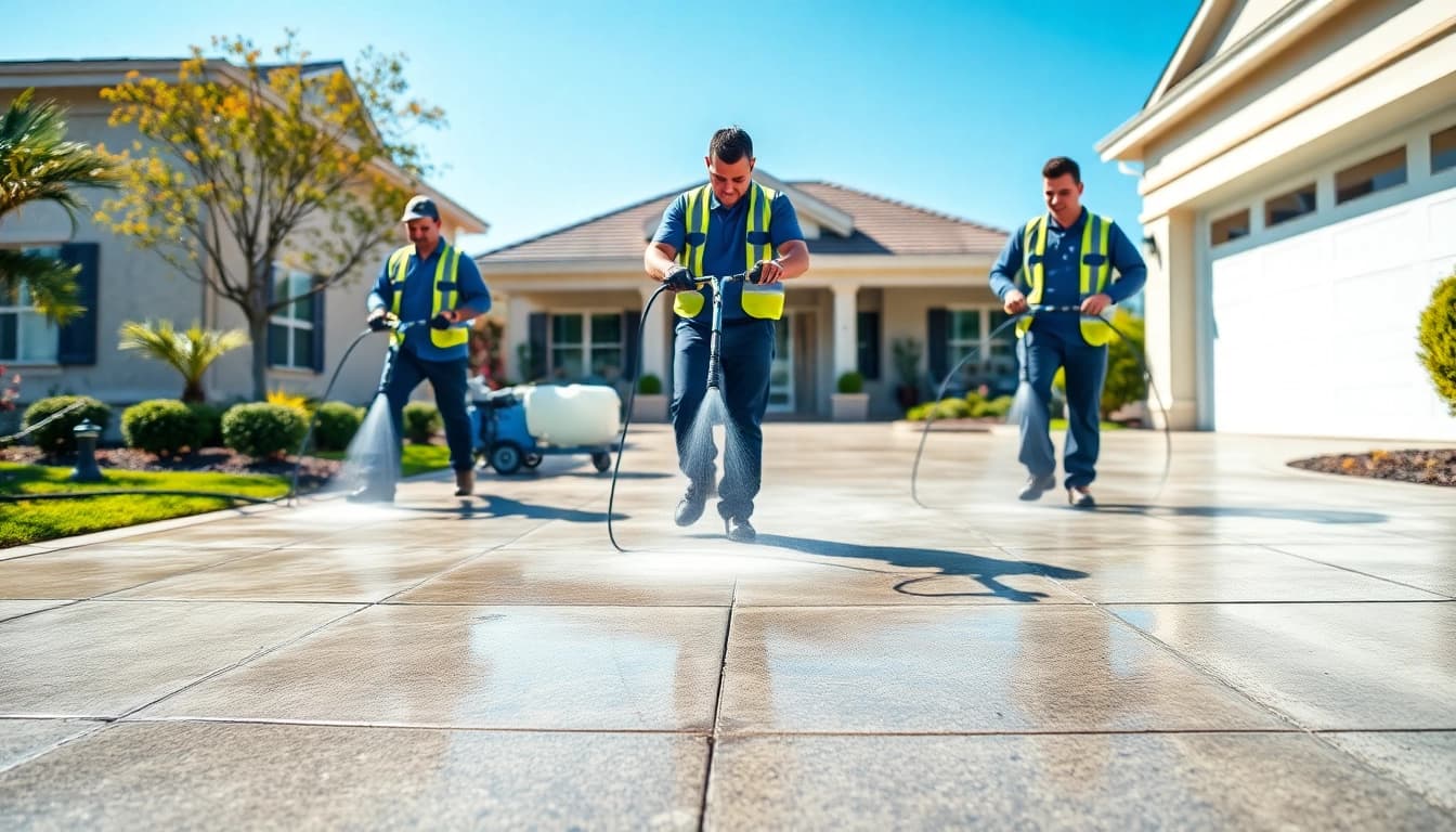 Concrete cleaning service in action, showcasing transformation and professionalism.
