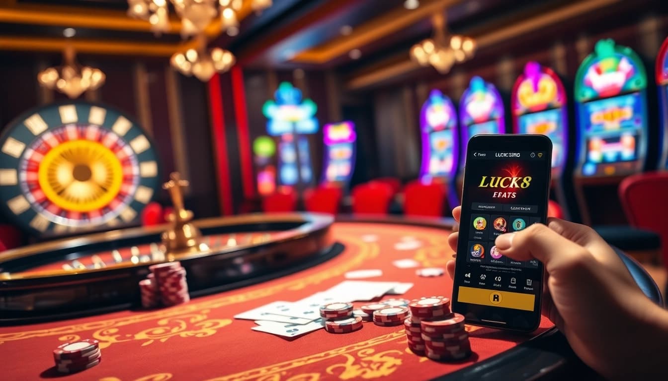LUCK8 online gambling atmosphere with casino tables, vibrant slot machines, and poker elements.