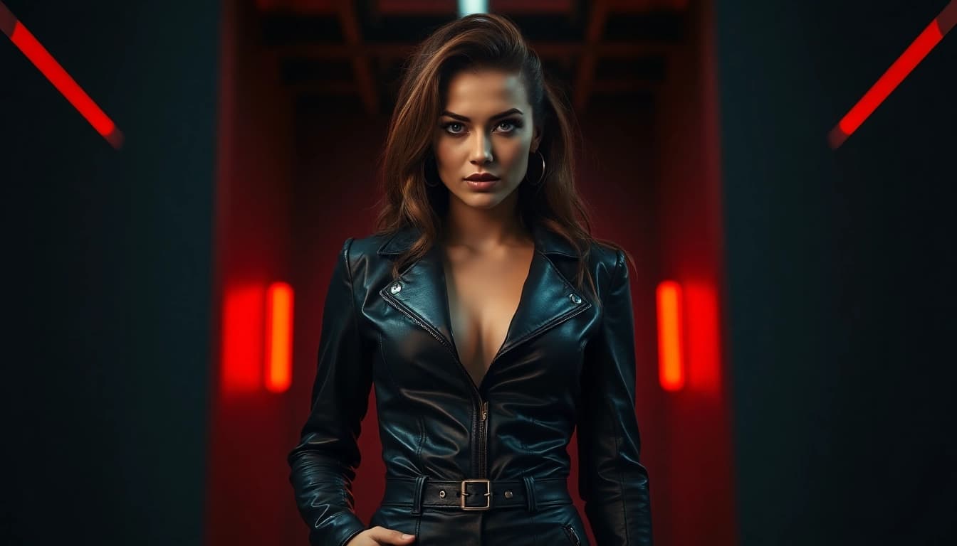 Femdom representation featuring a dominant woman in a leather outfit exuding power and confidence.