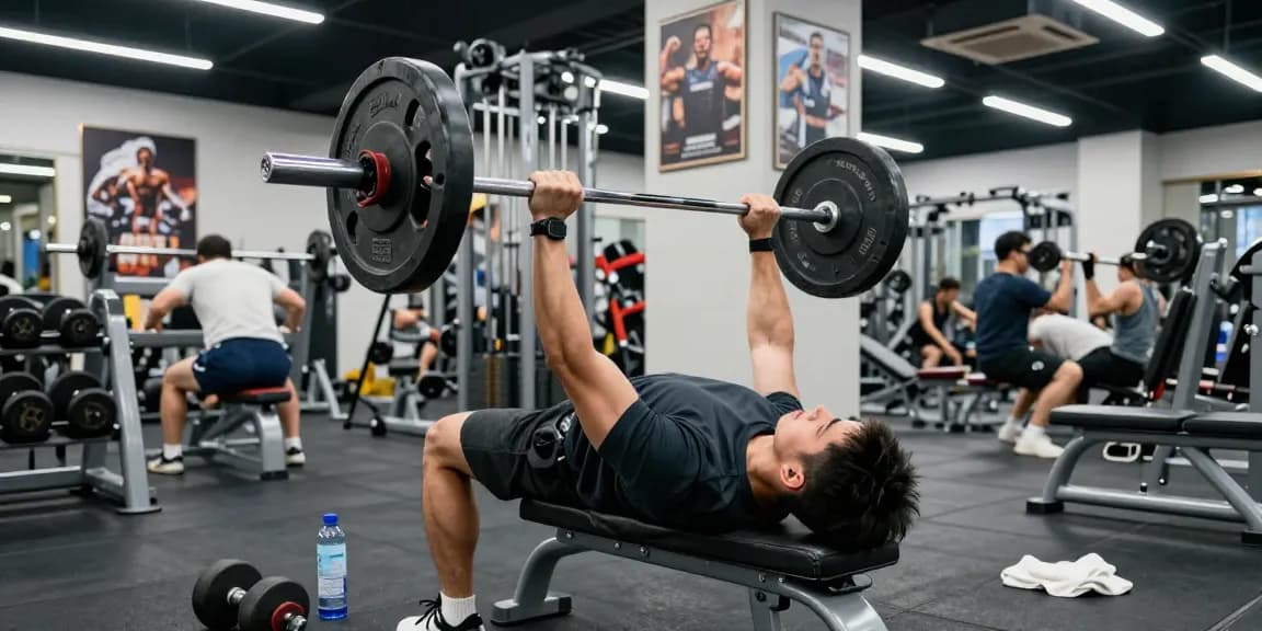 Sportlicher Bodybuilder hebt Gewichte in einer dynamischen Fitnessumgebung und repräsentiert Anabolika Shop Deutschland mit Entschlossenheit im Gesicht.