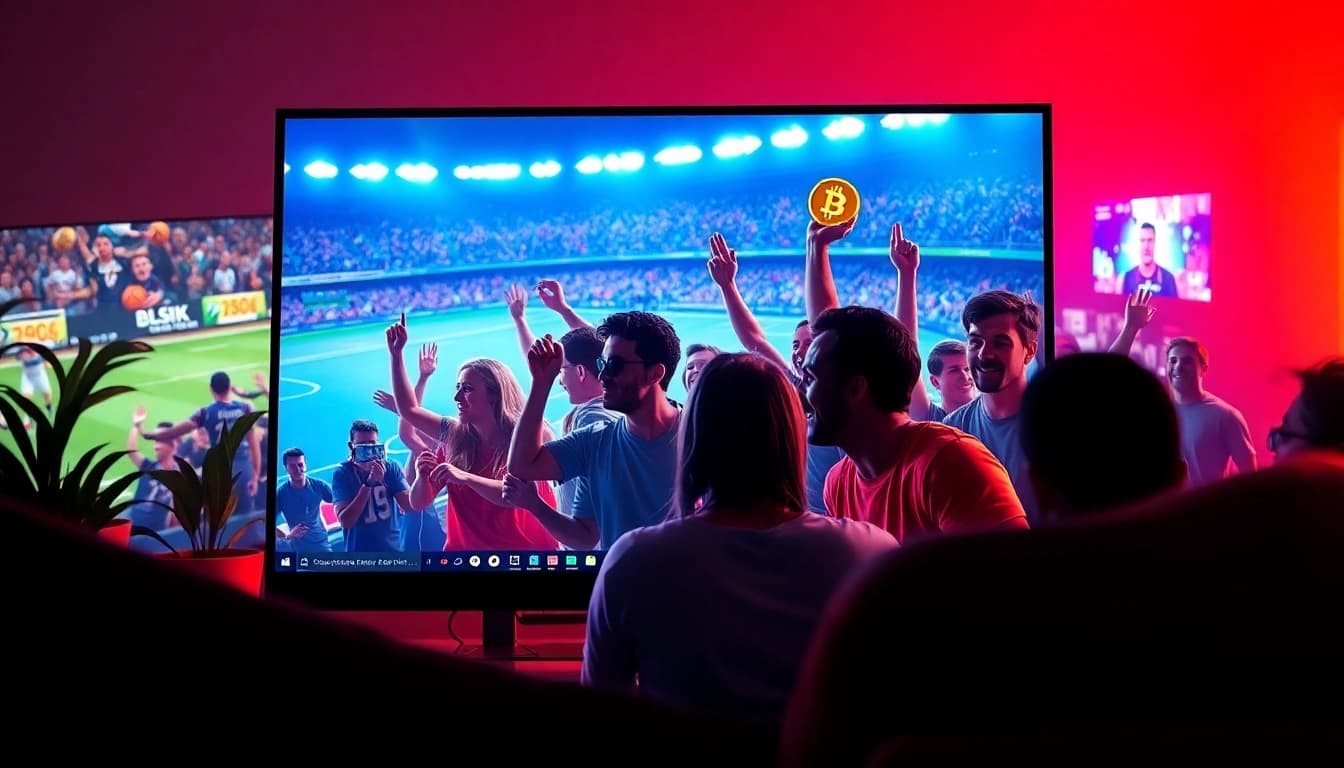 Explore Betting sites that accept bitcoin with a dynamic visual of diverse bettors engaged in sports betting.