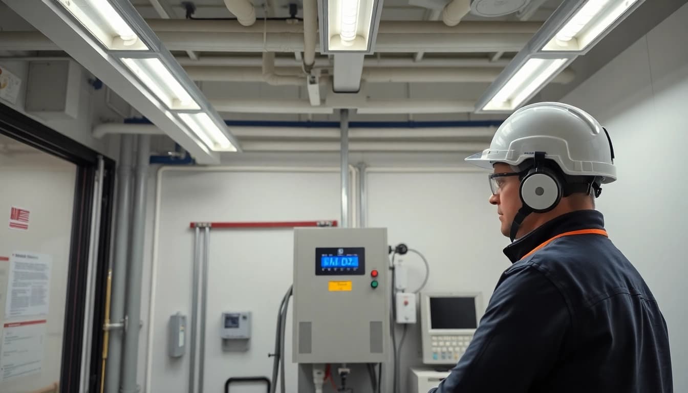 Technician conducting a DGUV V3 Prüfung, showcasing safety compliance in an organized work environment.
