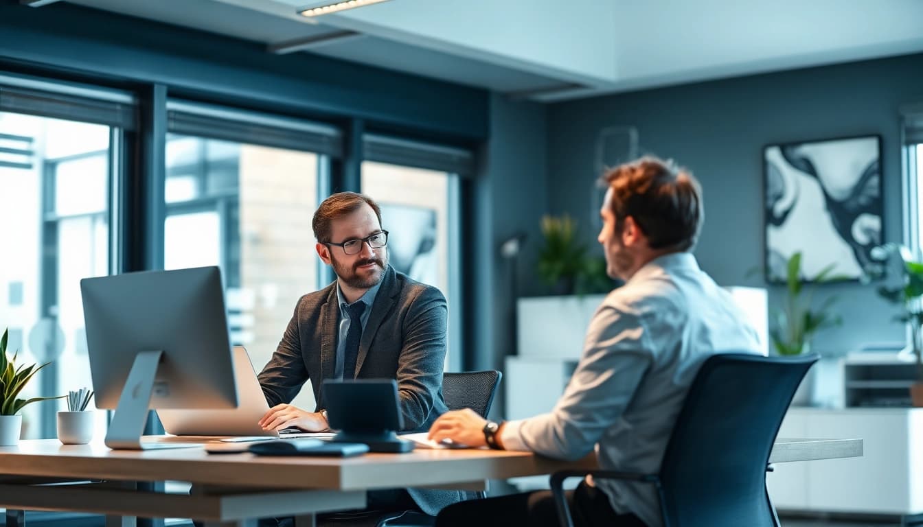 Headhunter IT führt ein persönliches Gespräch mit einem IT-Experten in einem modernen Büro.