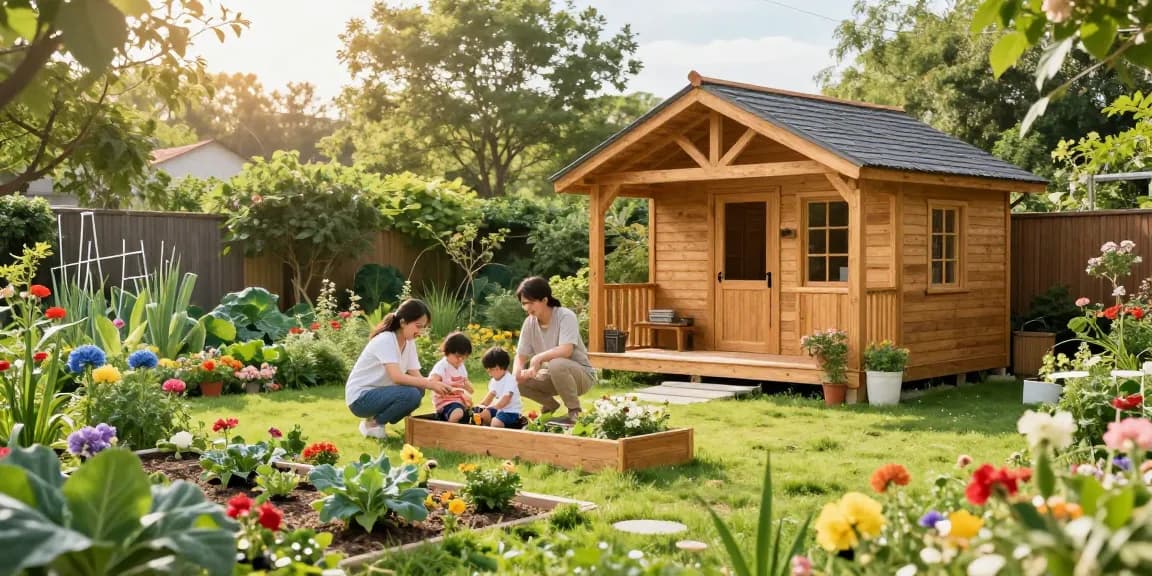 Familie genießt ihr neues Gartenhaus Holz in einem blühenden Garten.