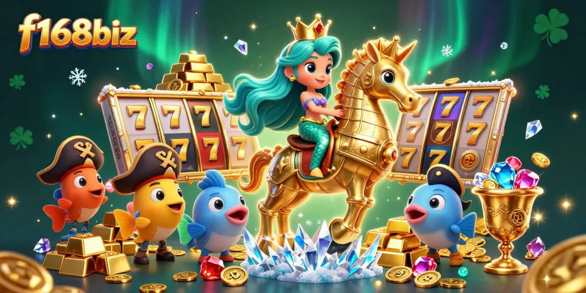 Experience thrilling slots at f168biz with colorful characters and dynamic casino elements surrounding a magical underwater scene.