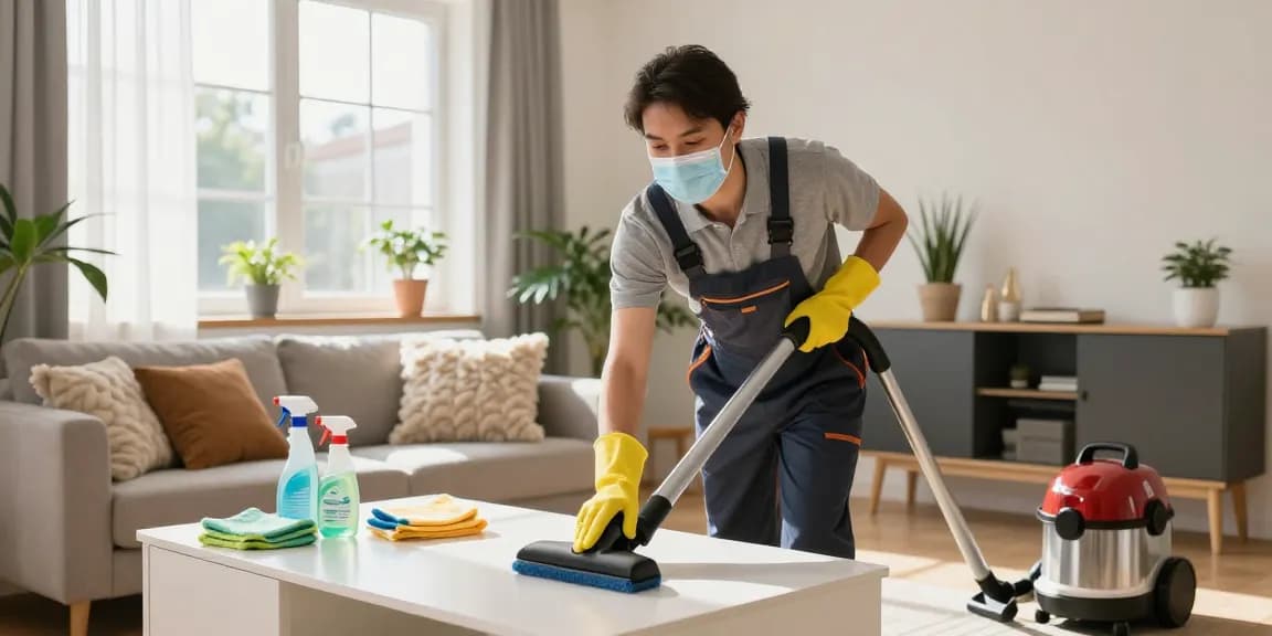 Professional cleaning service by putzfirma bern in a sunny living room, showcasing a clean and tidy space with eco-friendly supplies.