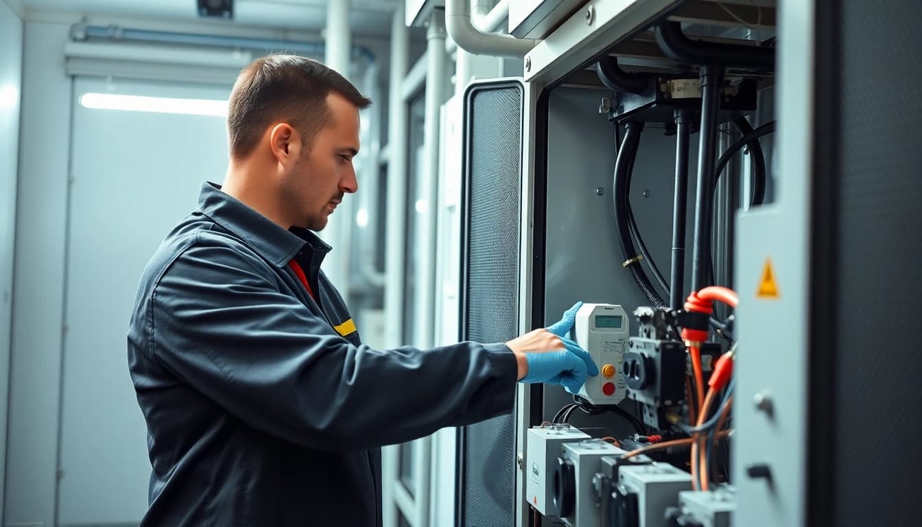 Technician conducting a DGUV V3 Prüfung on electrical equipment to ensure safety and compliance.