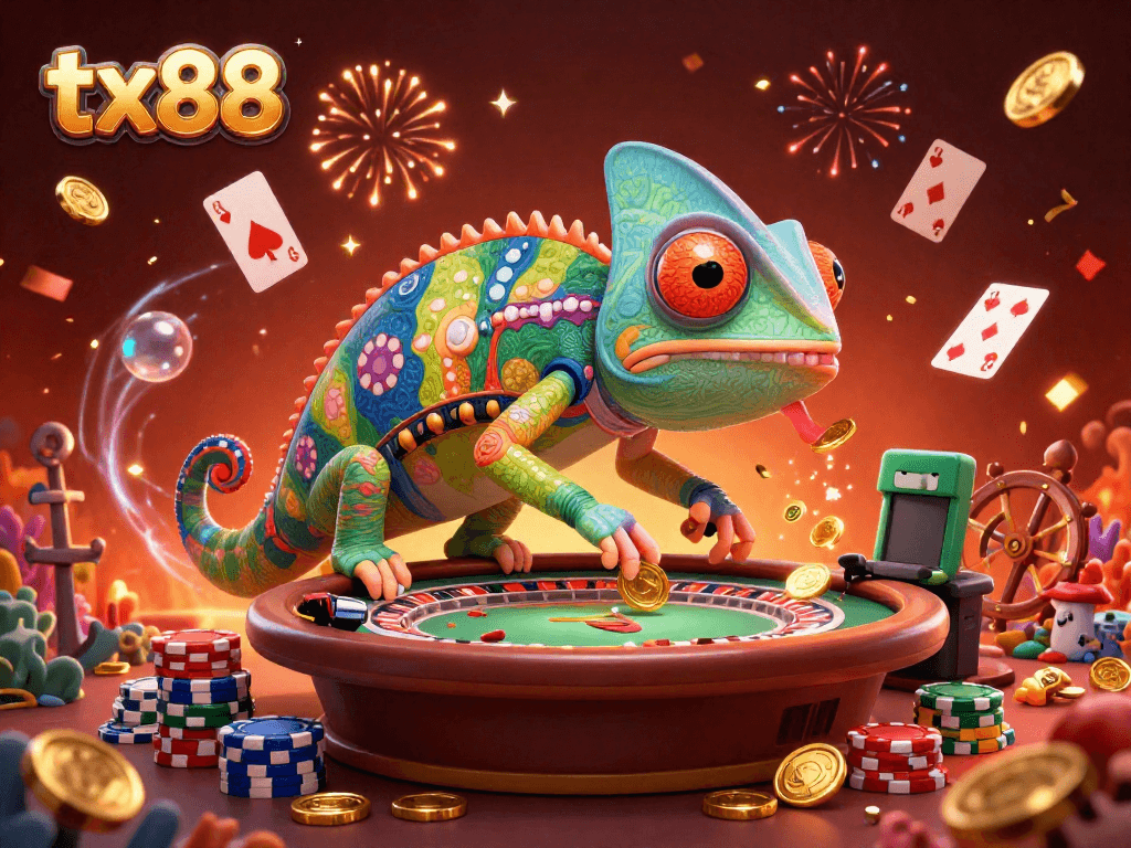 Experience the excitement at tx88 casino with a vibrant 3D chameleon character among poker games.
