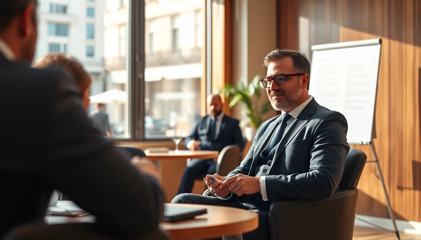 Headhunter Gastronomie führt ein professionelles Gespräch mit einem Kandidaten in einem modernen Büroambiente.