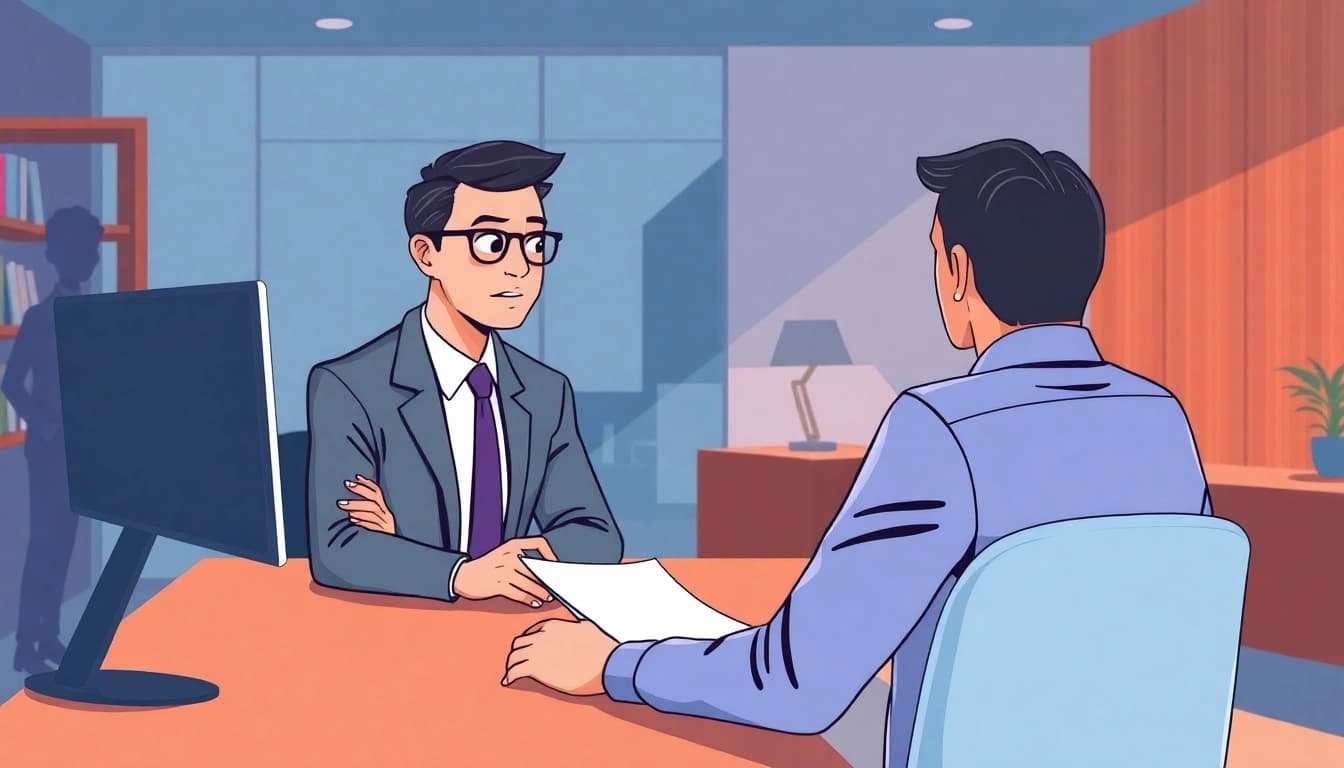Headhunter conducting an engaging interview with a candidate in a modern office setting.