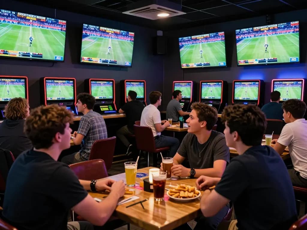 Excited patrons at nhà cái bl555 placing bets in a lively sports bar environment.