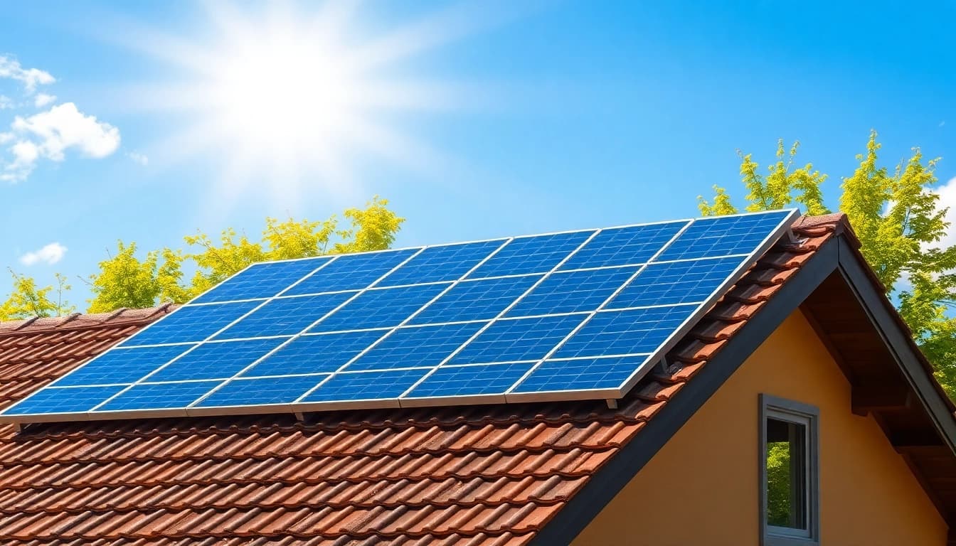 Visualisieren Sie die PV-Kosten durch ein prägnantes Bild einer effizienten Photovoltaikanlage auf einem Dach, umstellungen zu erneuerbaren Energien zu fördern.