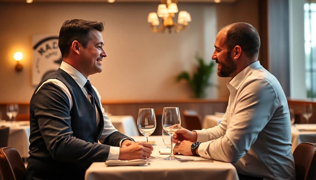 Headhunter Gastronomie bespricht Lebenslauf mit Restaurantmanager in elegantem Umfeld.