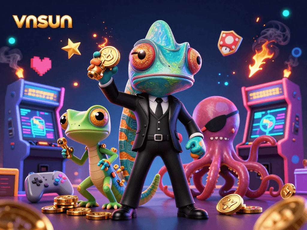 Experience thrilling gaming at vnsun with vibrant characters and casino elements in a dynamic 3D illustration.