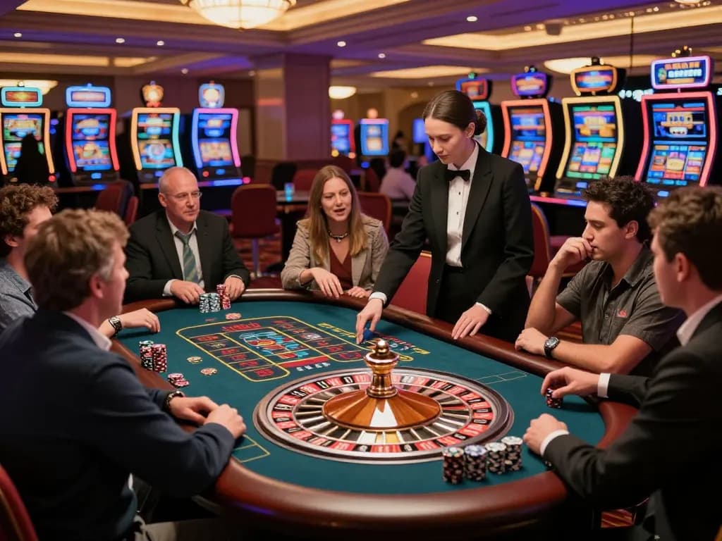 Players engaging in an exciting game of roulette at QQ88COM casino floor with vibrant lighting and chips stacked.