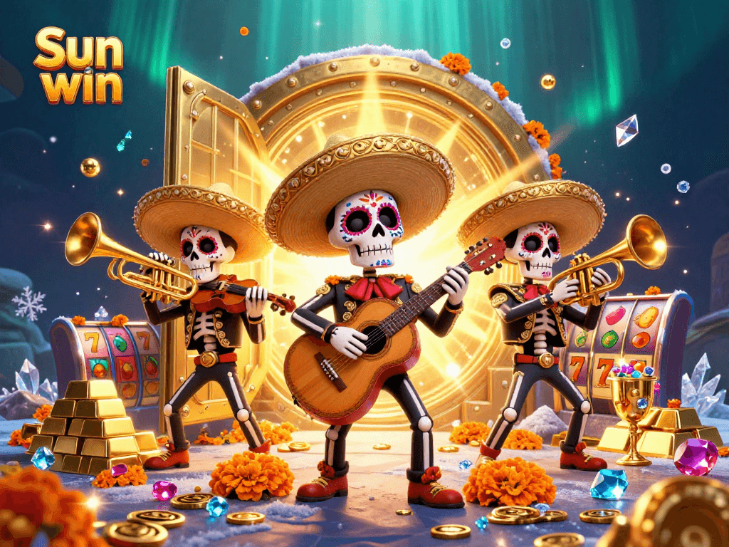 Spin the reels and win big with Sun win, featuring mariachi musicians amid treasure and gems.