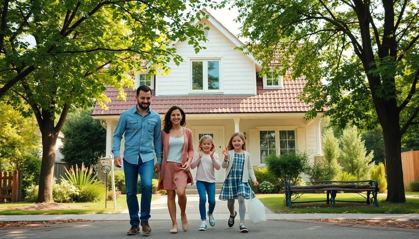 Familie feiert ihren Hauskauf vor ihrem neuen Zuhause in Deutschland mit Freude und Optimismus.