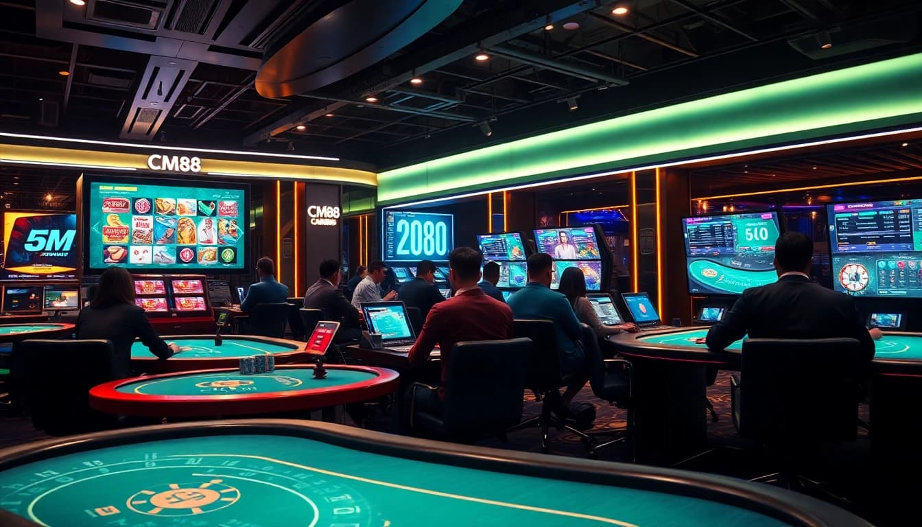 Dynamic online casino scene showcasing CM88 gaming experience with players and high-tech tables.