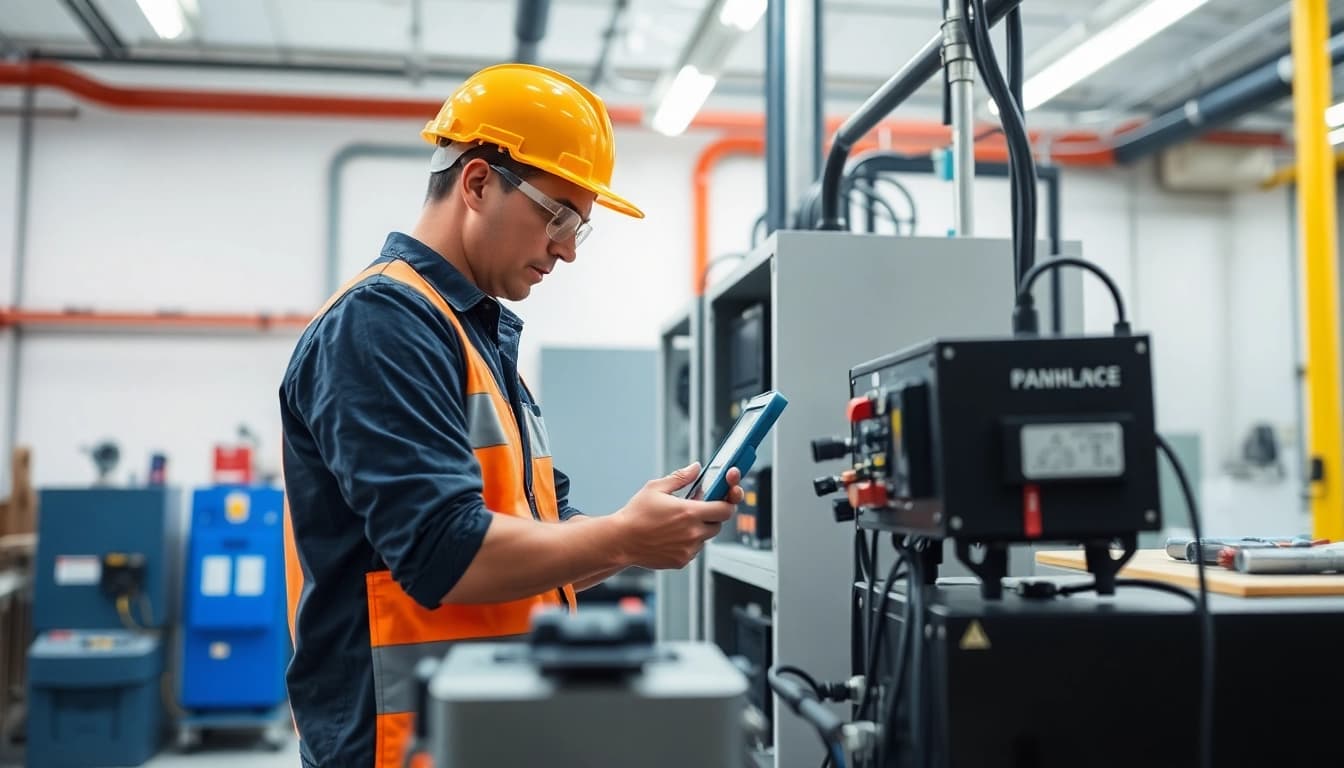 Technician performing a DGUV V3 Prüfung on electrical equipment, ensuring workplace safety and compliance.