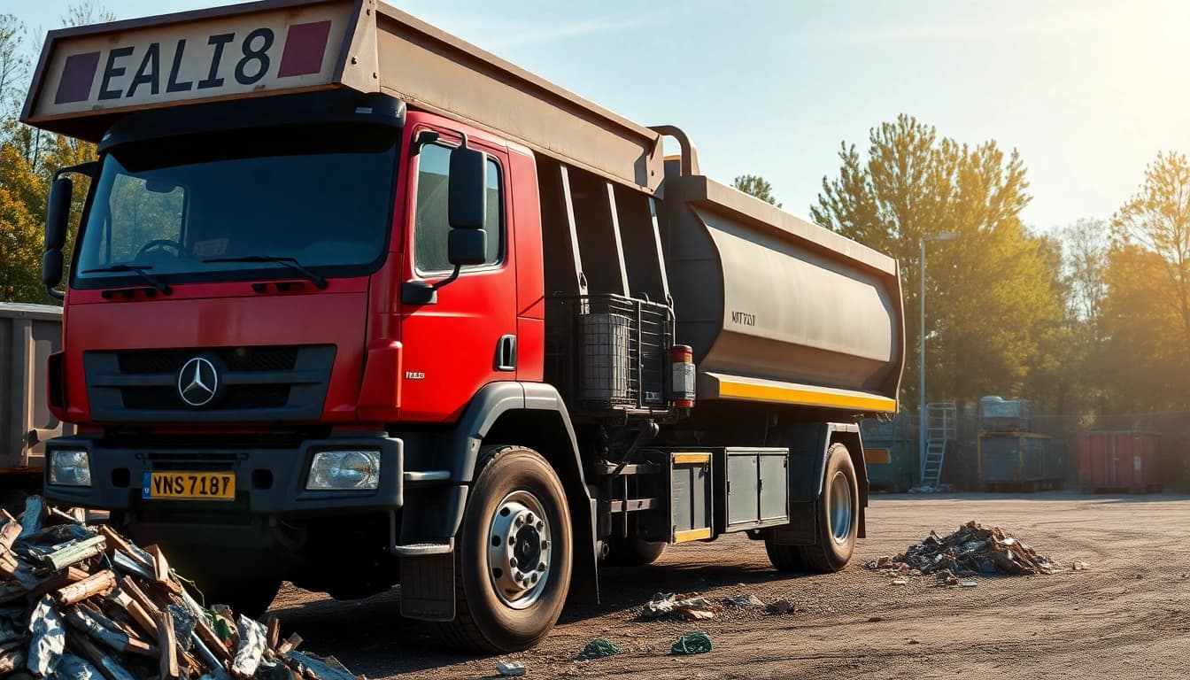 Schrottabholung Oberhausen mit einem LKW, der Metallabfälle an einem modernen Schrottplatz ablädt.
