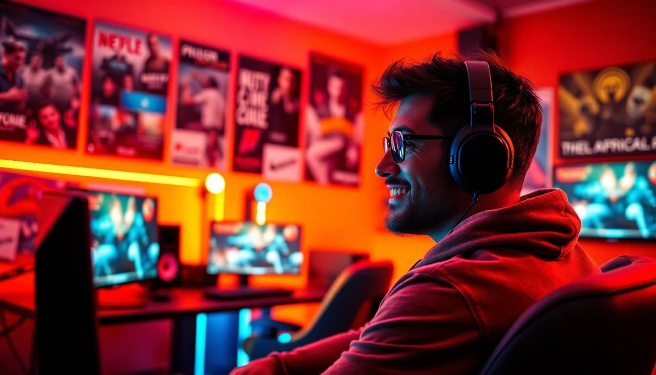 Twitch Streamer Österreich in a vibrant gaming setup broadcasting live.
