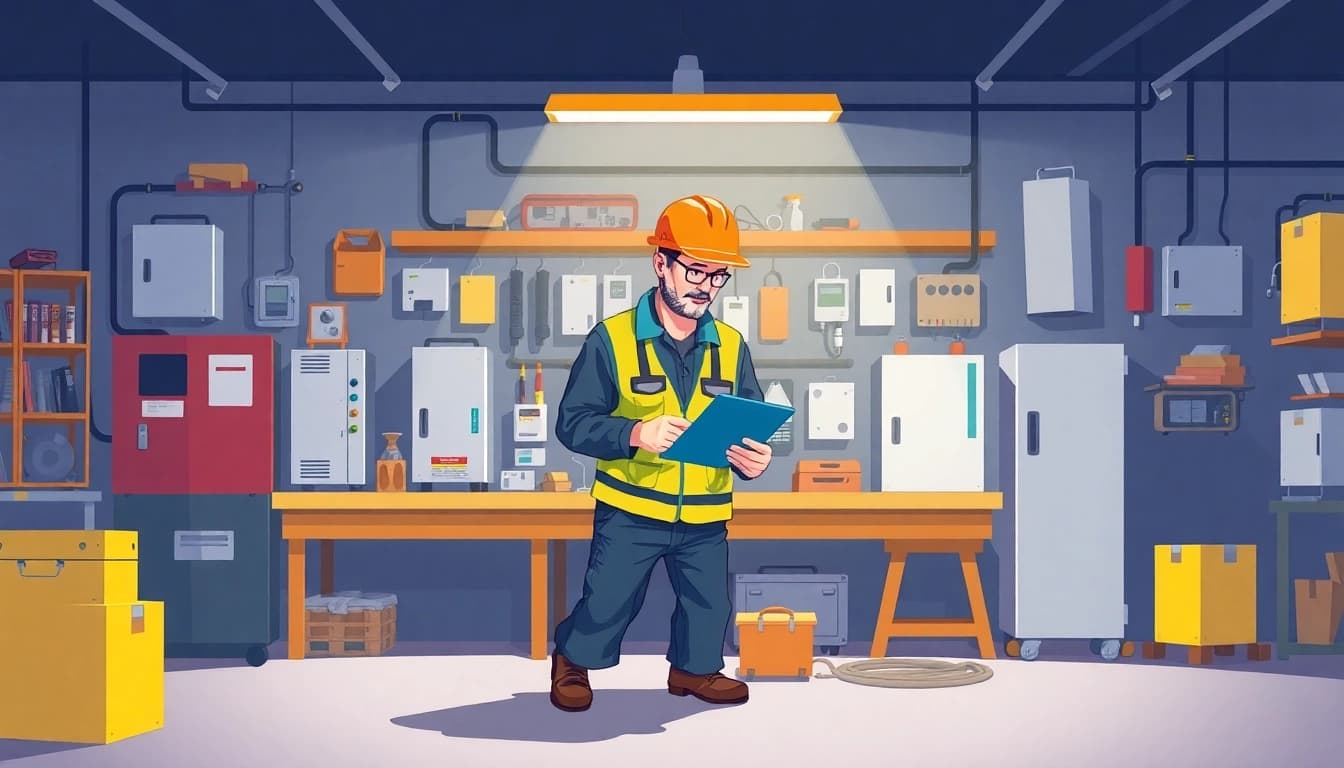 Electrician conducting a DGUV V3 Prüfung on electrical devices for workplace safety.