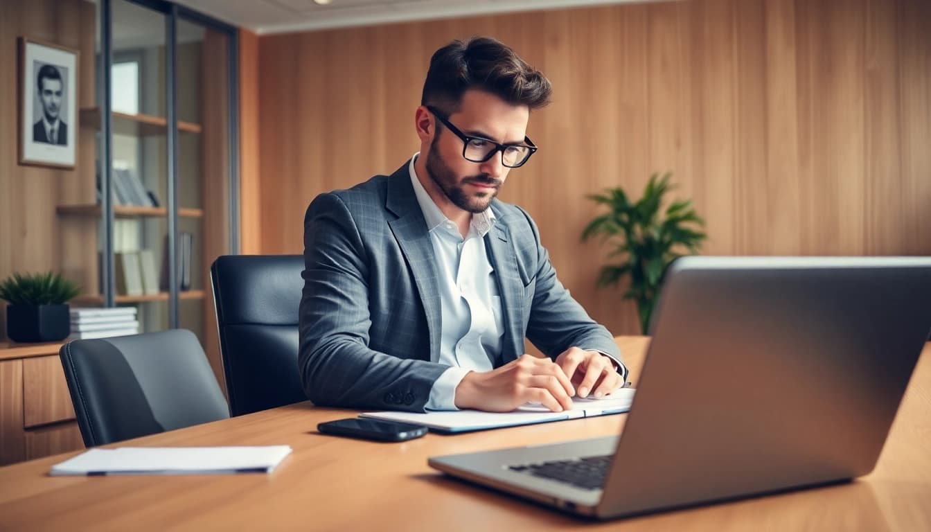 Headhunter Saarbrücken bei der Arbeit an einem modernen Schreibtisch in einem eleganten Büro.