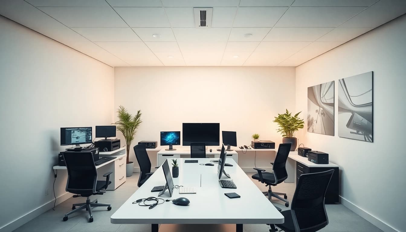 Team arbeitet an elektrischen Geräten zur DGUV V3 Prüfung in einem modernen Büro mit hochwertigen Geräten.