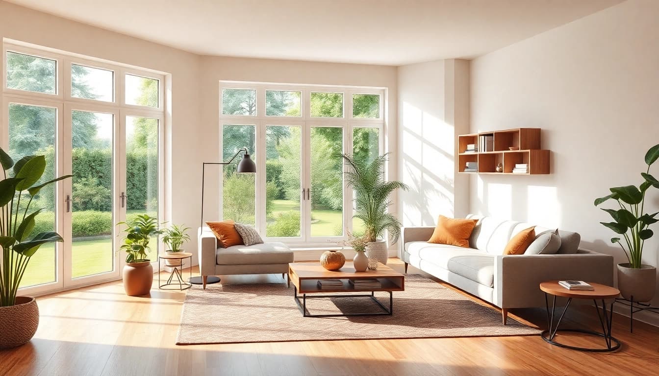 Stylische und ästhetische Raumgestaltung mit modernen Möbeln und Pflanzen im hellen Licht