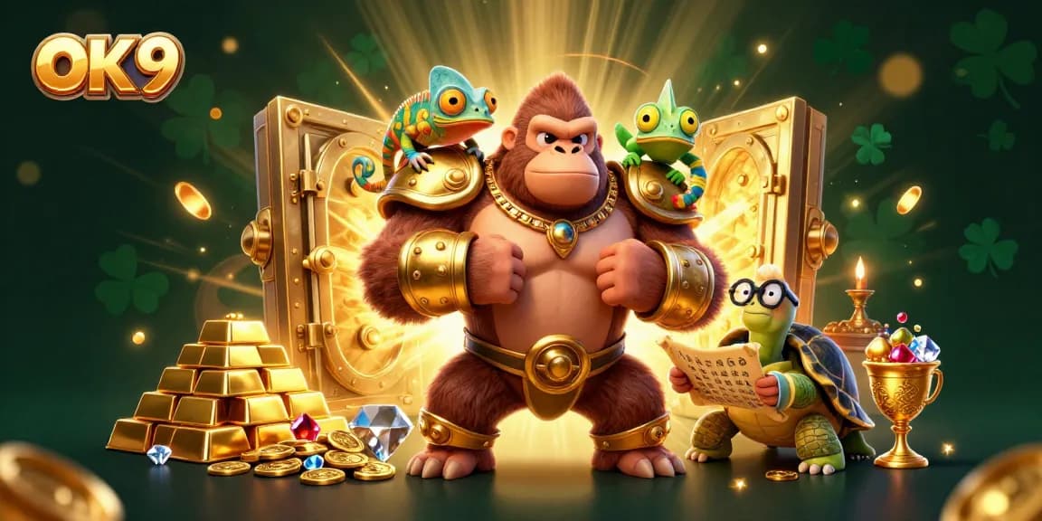 Engage with OK 9 in this vibrant 3D illustration showcasing casino excitement, gold treasures, and heroic characters.