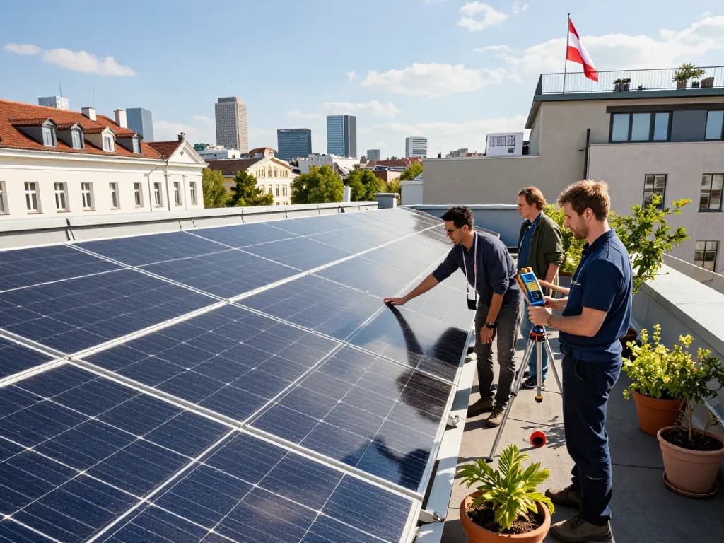Installation von Photovoltaik in Wien mit Technikern, die Solarpanels auf einem städtischen Dach bewerten und erneuerbare Energielösungen hervorheben.