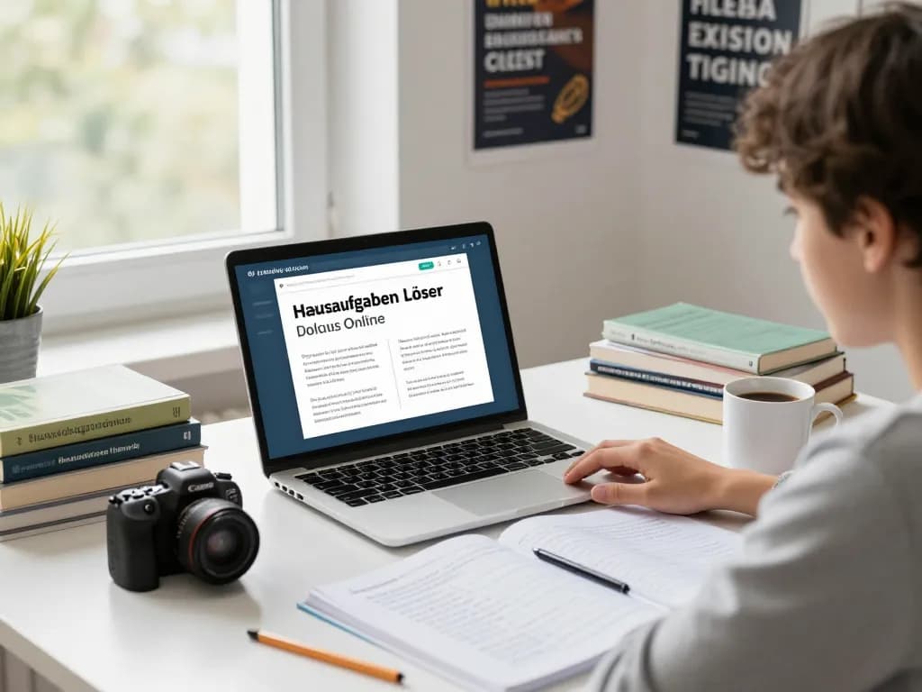 Hausaufgaben Löser Online-Szene eines Schülers, der mit einem Laptop, Lehrbüchern und Schreibwaren lernt.