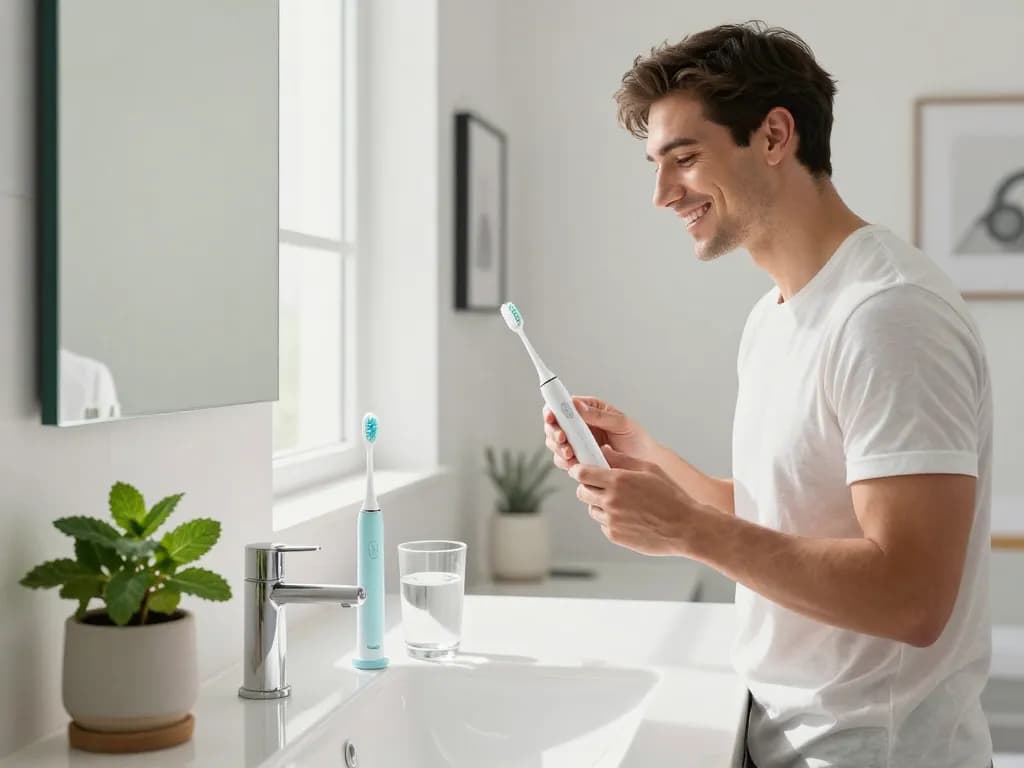 Laifen Zahnbürste elegant in einem modernen Badezimmer-Setup präsentiert, das Luxus und persönliche Pflege ausstrahlt.