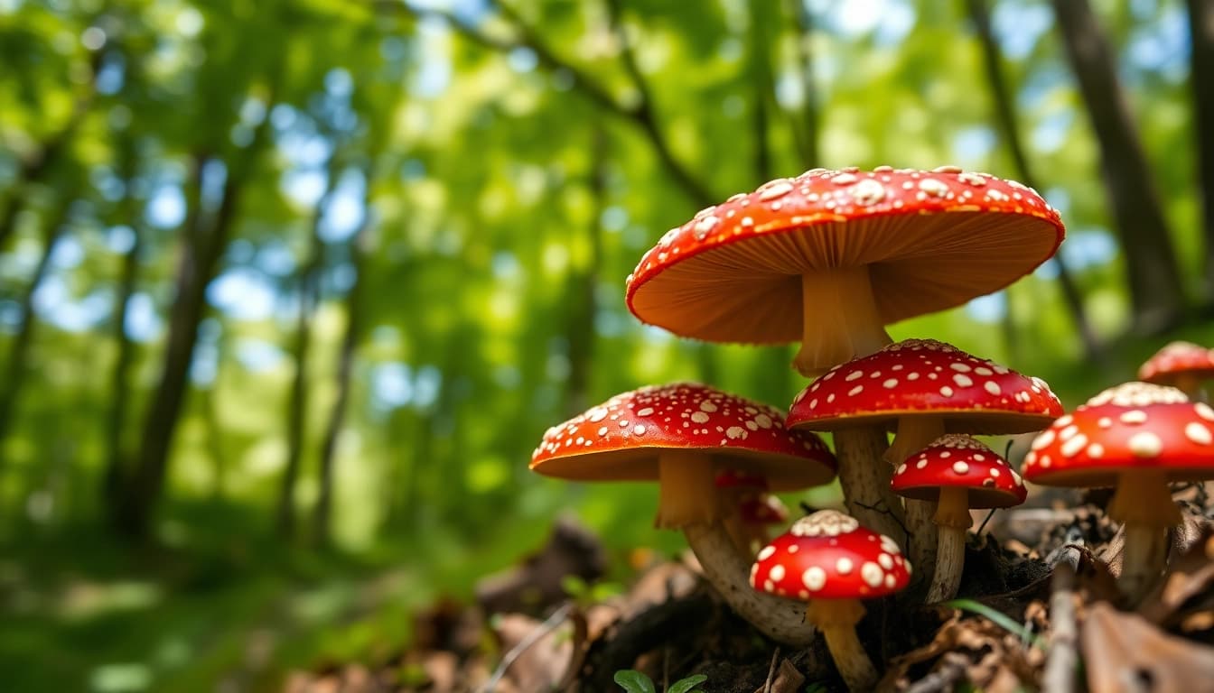 Entdecken Sie hochwertige amanita muscaria kaufen Pilze in einem bezaubernden Waldumfeld.