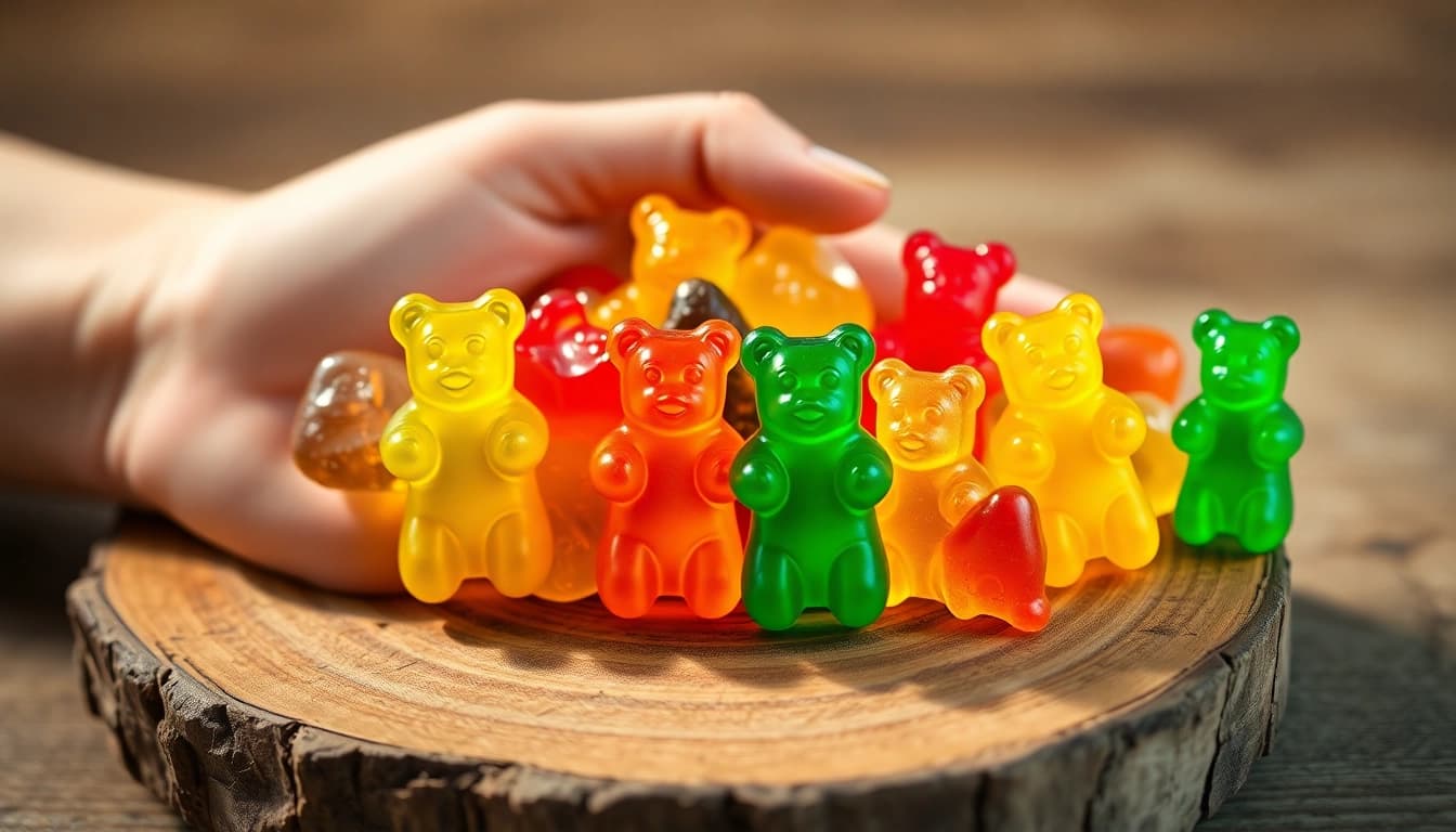 Greife nach leckeren THC Gummibären in bunten Farben, perfekt für den Genuss.