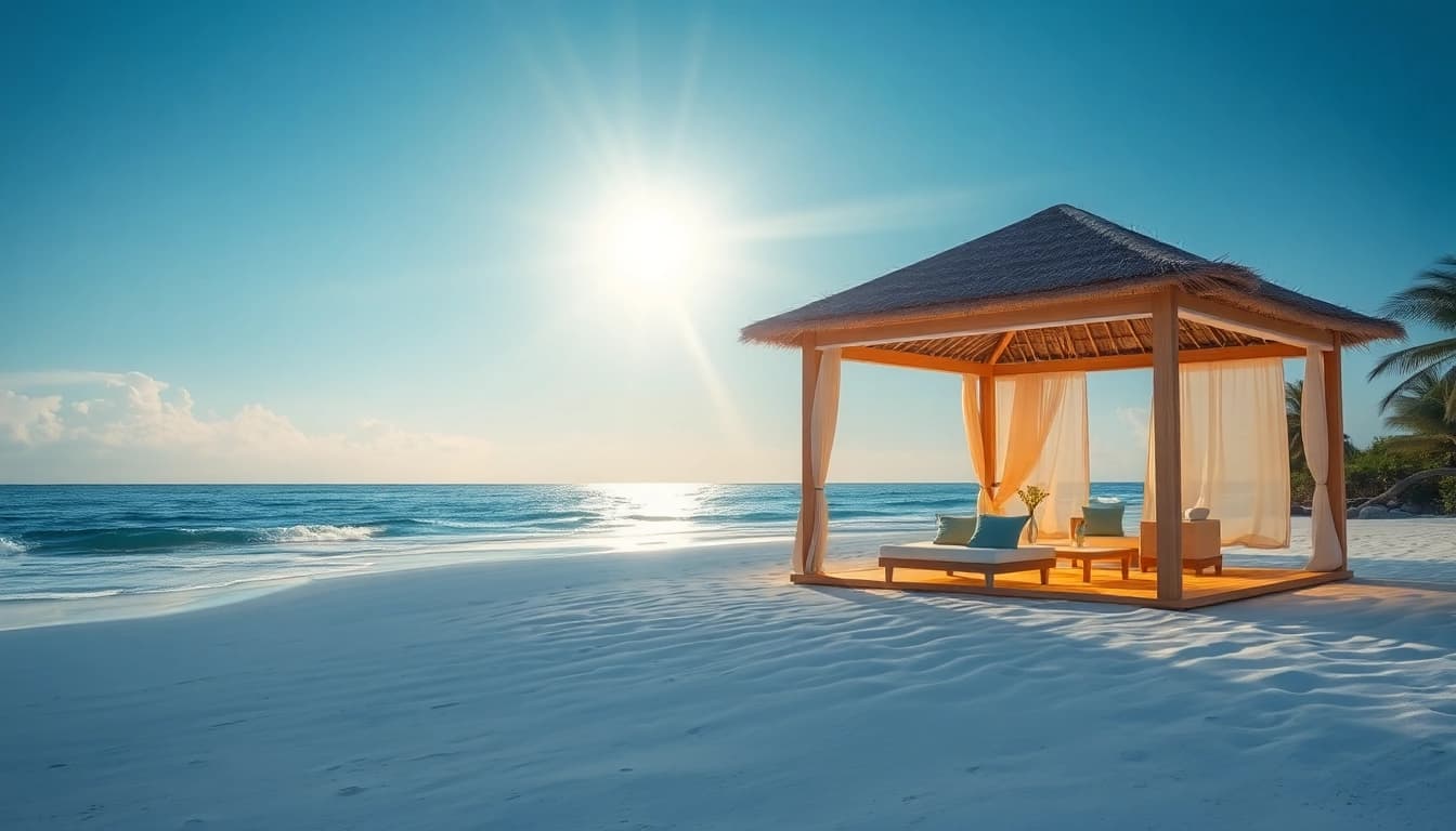Die Küsten-Cabana bietet einen idyllischen Rückzugsort am Strand mit elegantem Design und entspannenden Annehmlichkeiten.