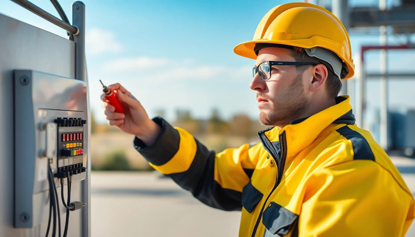 Fachmann, der die Prüfung ortsveränderlicher elektrischer Betriebsmittel in einem Büro durchführt.