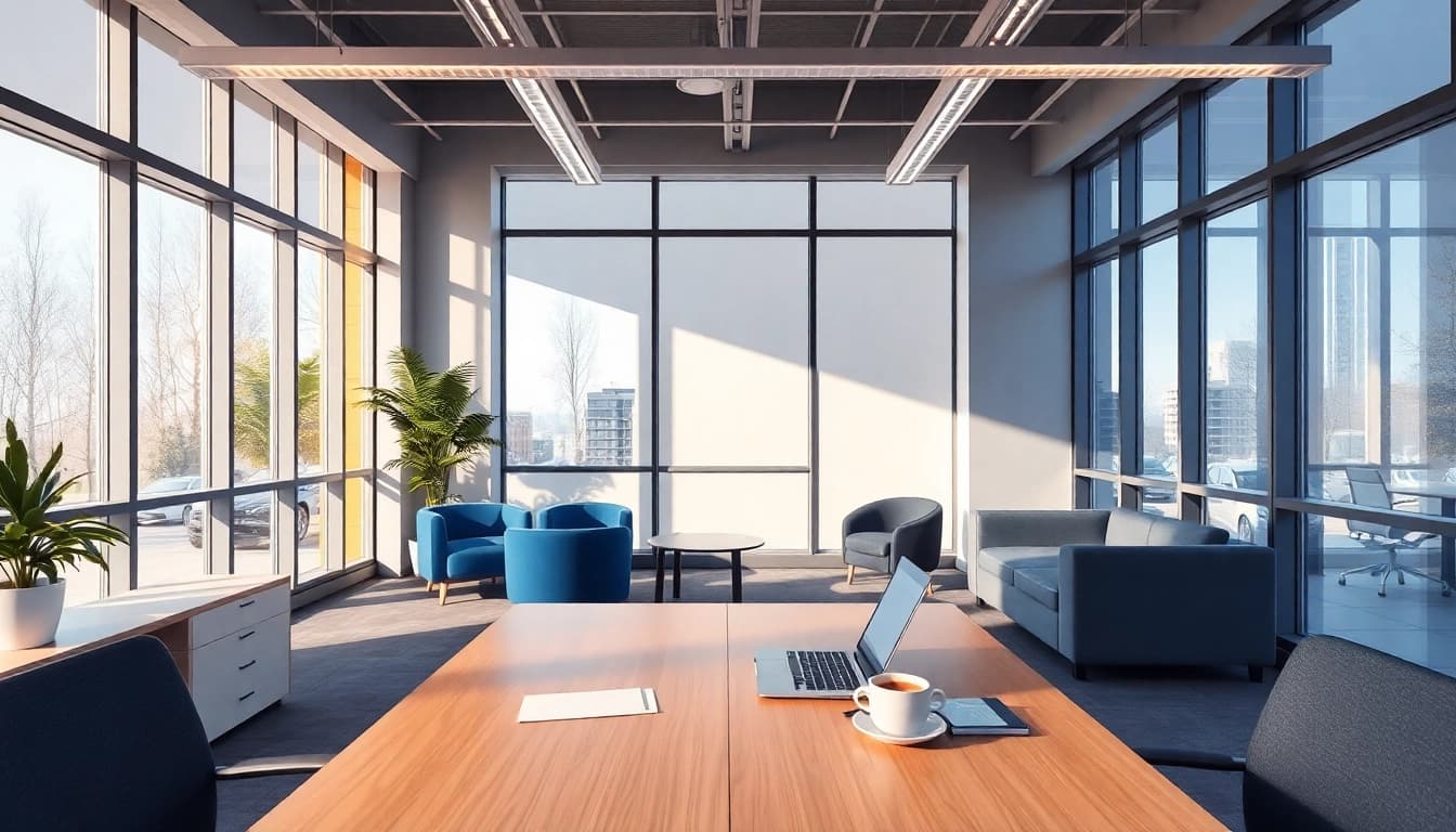 Visualisieren Sie Headhunter Schweiz in einem modernen Bürointerieur mit Schreibtisch und Laptop, das Effizienz ausstrahlt.