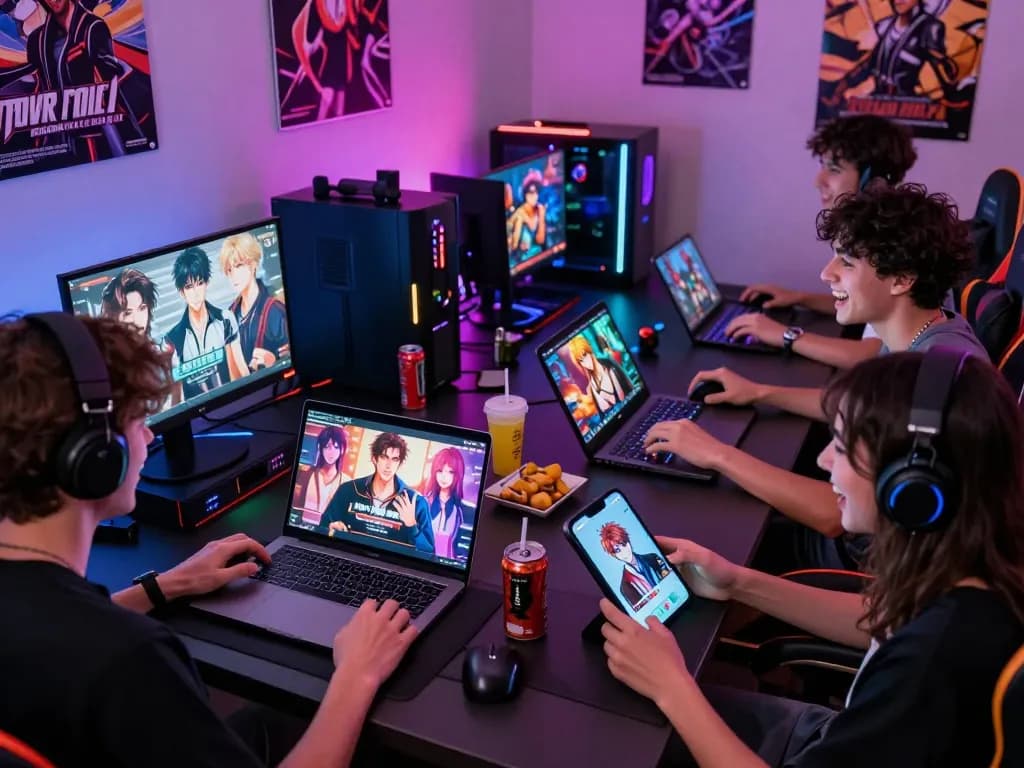 Players enjoying engaging porn ganes together on different devices in a vibrant gaming setup.