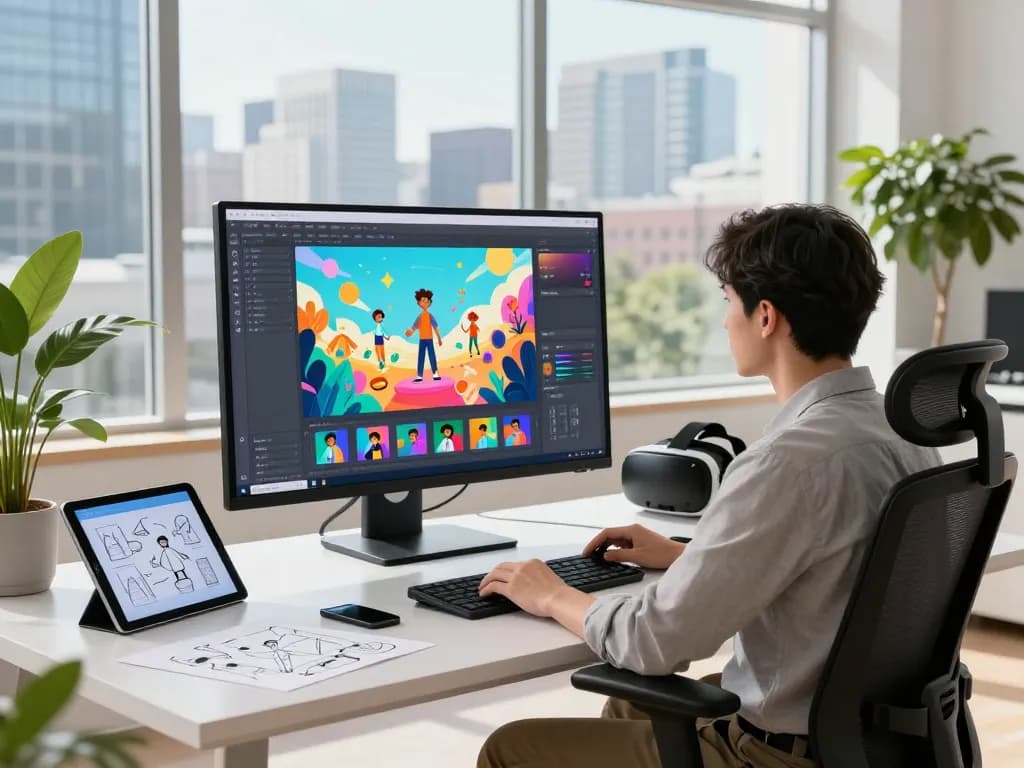Animation designer using motion control ai in a modern workspace featuring vibrant digital sketches and city views.
