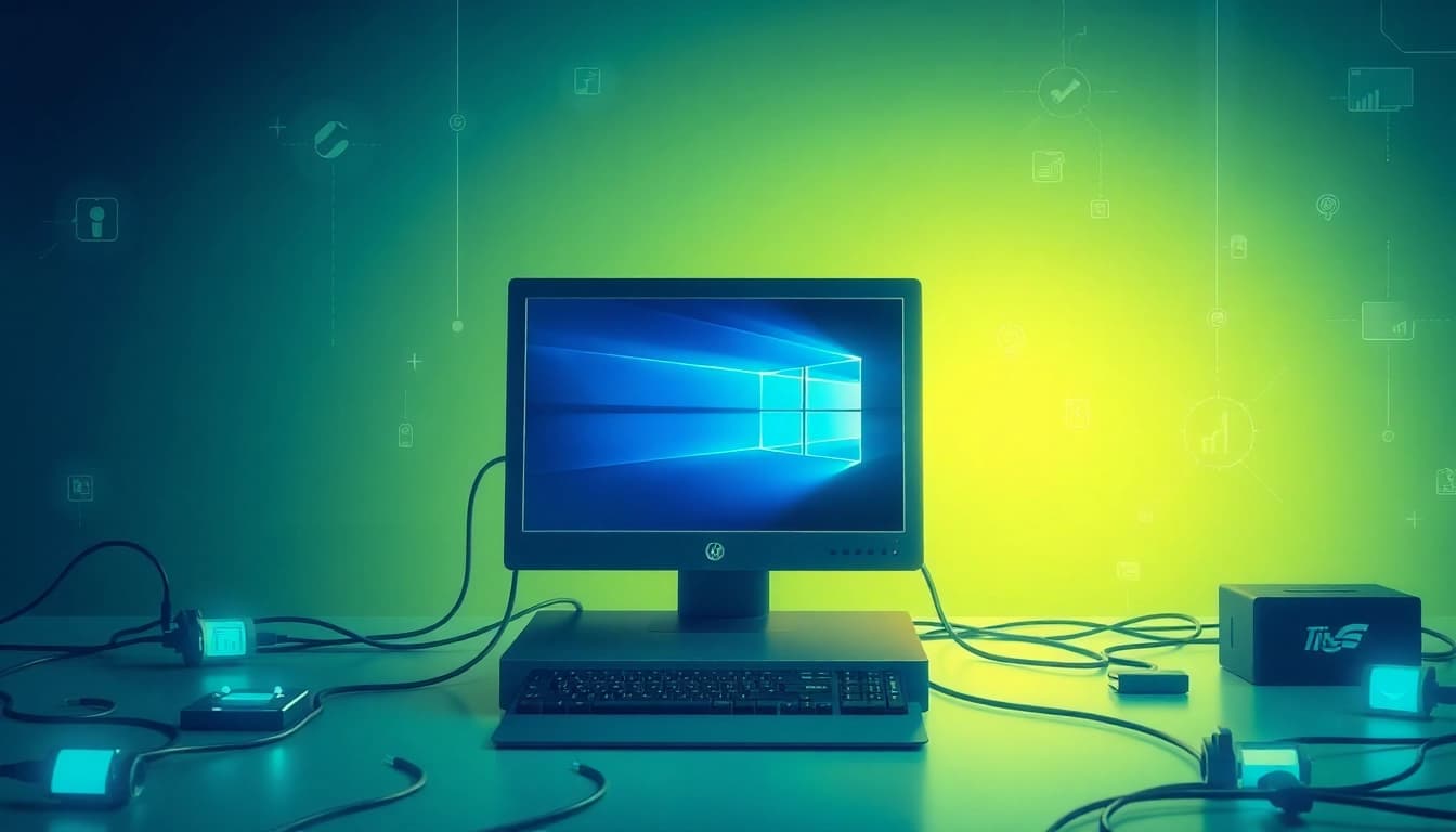 Entdecken Sie, wie Sie Windows 11 für PC herunterladen und aktivieren können, auf einem modernen Computer mit Technologie-Elementen.