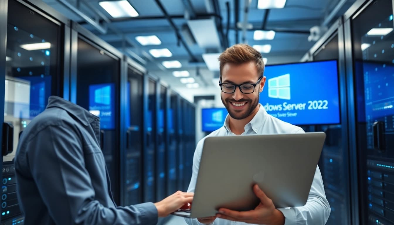 Lade Microsoft Windows Server 2022 Download und entdecke modernste Rechenzentrums-Technologie mit lächelndem Techniker.