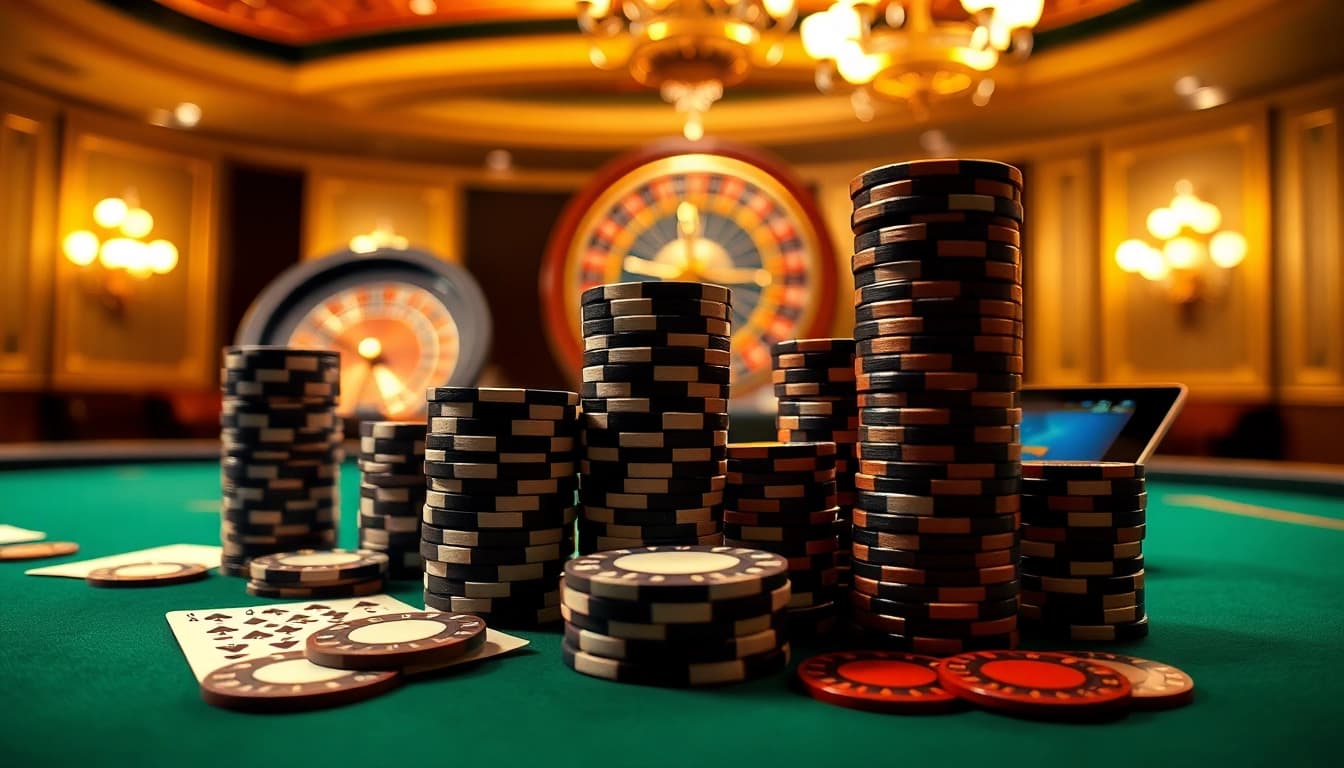 Experience the thrill of qh88 with high-stakes poker chips and playing cards in a luxurious casino setting.