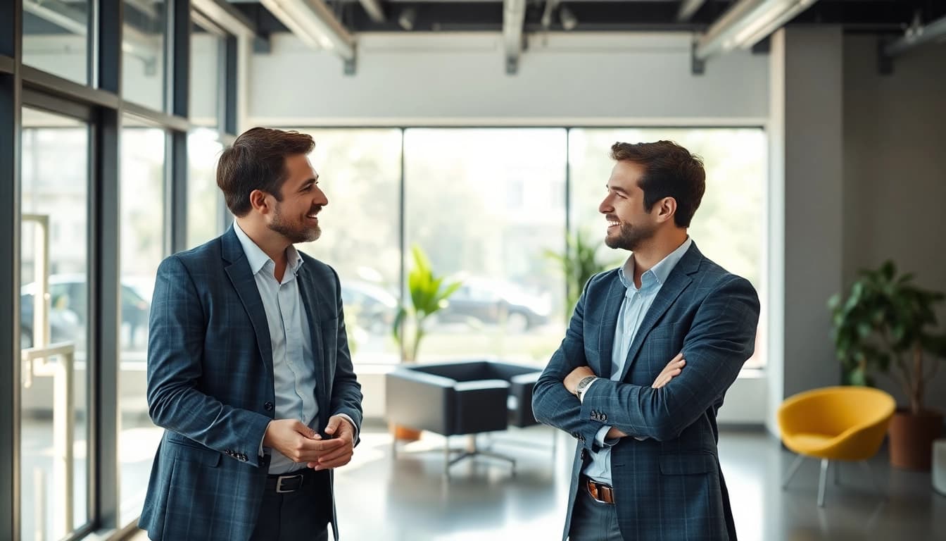 Personalvermittlung: Ein Personalvermittler spricht mit einem Kandidaten in einem modernen Büro.