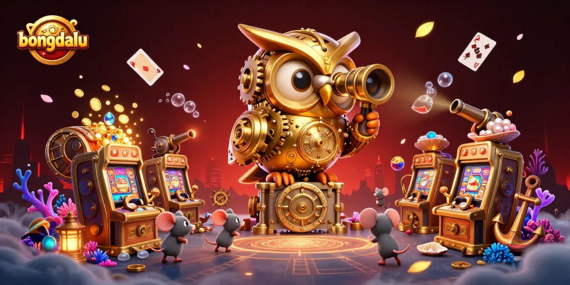Bongdalu sports betting scene with a golden owl and mouse patrons amid slot machines.