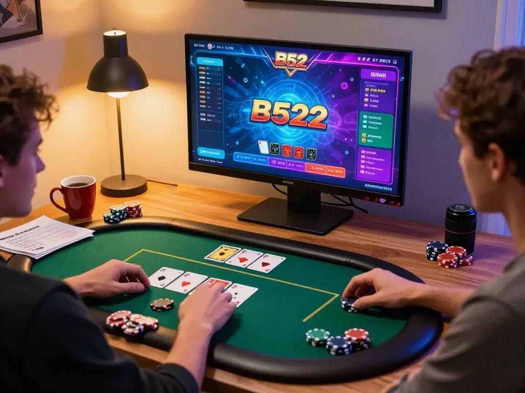 Người chơi câu lạc bộ B52 đắm chìm trong một trò chơi poker trực tuyến, thể hiện chiến lược và sự phấn khích.