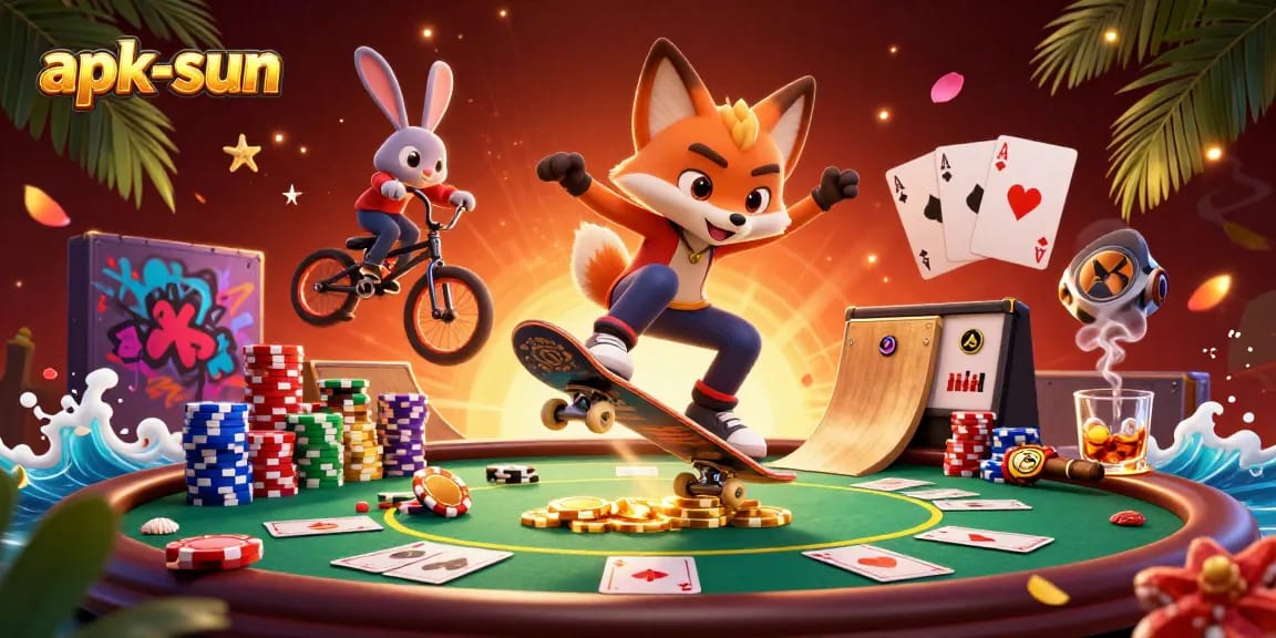 Experience the vibrant action in apk-sun's casino-themed 3D illustration with a skateboarding fox and BMX rabbit.