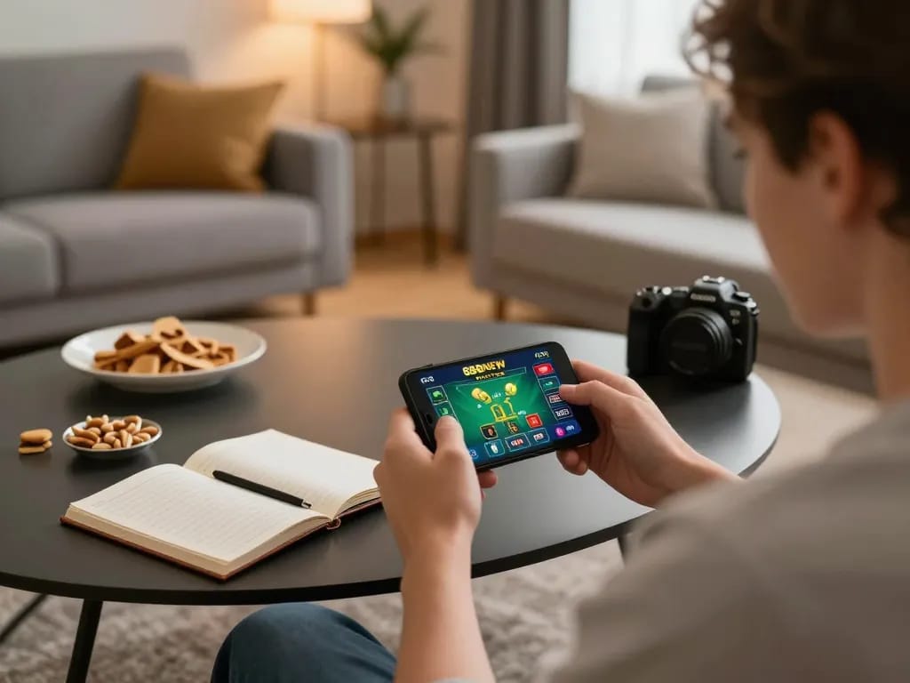 Player enjoying the 888NEW app for online casino gaming, focused on strategy and comfort.