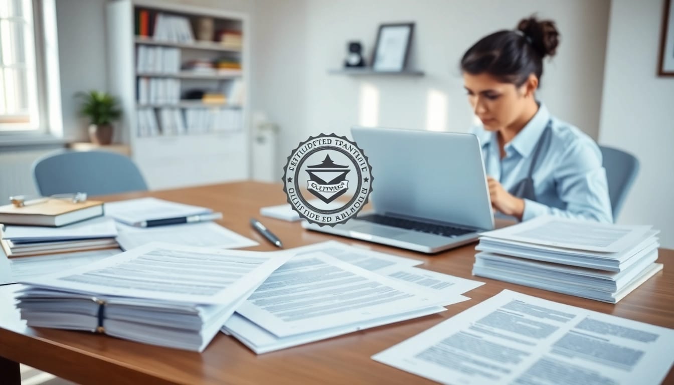 Prozess der beglaubigten Übersetzung, der eine beglaubigte Übersetzung in einem professionellen Büro zeigt.